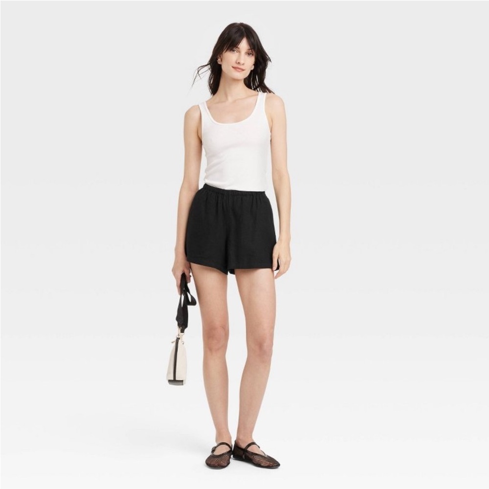 Mid-Rise Linen Pull-On Shorts A New Day Black Seam Pocket Adjustable Waistband